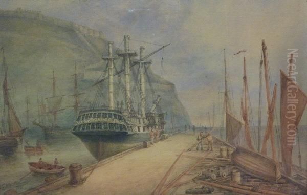 Sailing Vessels In Scarborough Harbour Oil Painting by John Taylor Allerston