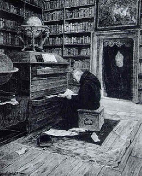 Studierender Monch In Der Bibliothek Oil Painting by Lajos Bruck