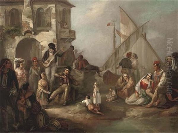 A Tune On A Maltese Quay Oil Painting by Hermann Bruecke