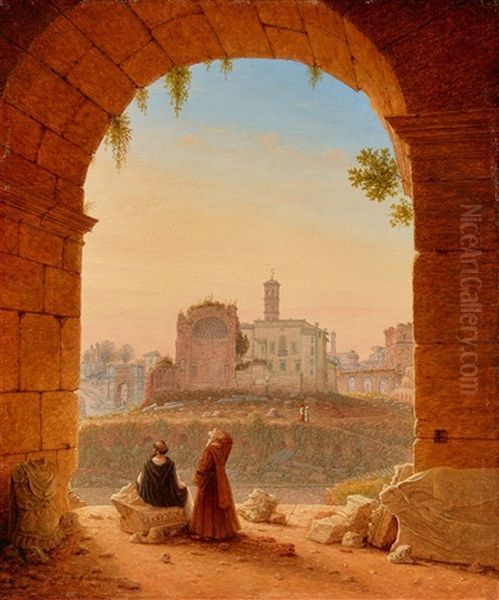 View Of The Forum Romanum Seen From The Colosseum Oil Painting by Johann Wilhelm Bruecke