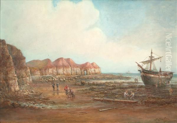 Beach Scene With Boats And Figures At Low Tide Oil Painting by John Taylor Allerston