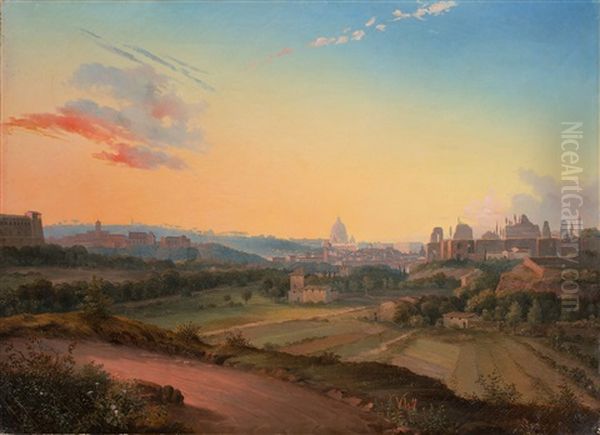 View Of Rome In The Evening Light Oil Painting by Johann Wilhelm Bruecke