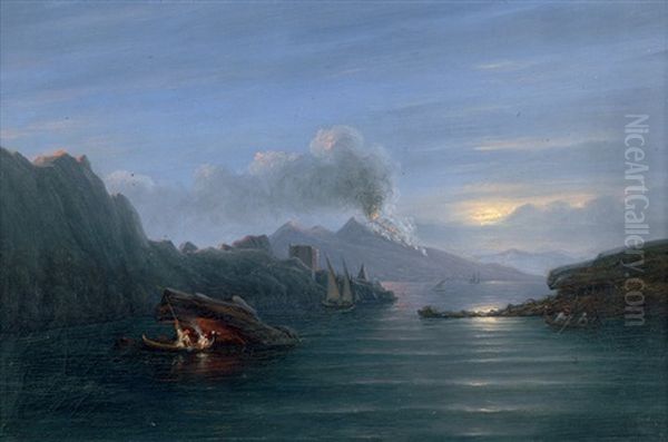 Vollmond Uber Dem Golf Von Neapel Oil Painting by Johann Wilhelm Bruecke