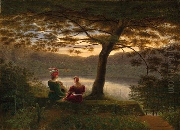 Paar In Romatischer Tracht An Einem See Oil Painting by Johann Wilhelm Bruecke