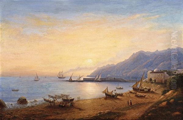 The Bay Of Salerno Oil Painting by Johann Wilhelm Bruecke