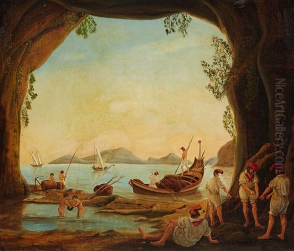 Fishers Off The Italian Coast Oil Painting by Johann Wilhelm Bruecke