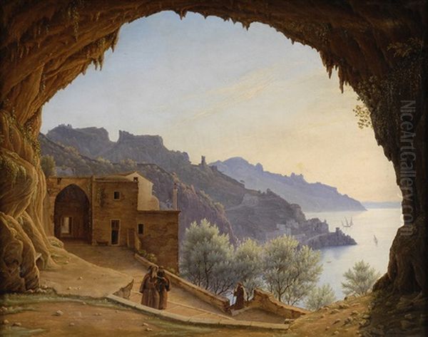 Blick Aus Einer Grotte Auf Die Kuste Von Amalfi Oil Painting by Johann Wilhelm Bruecke