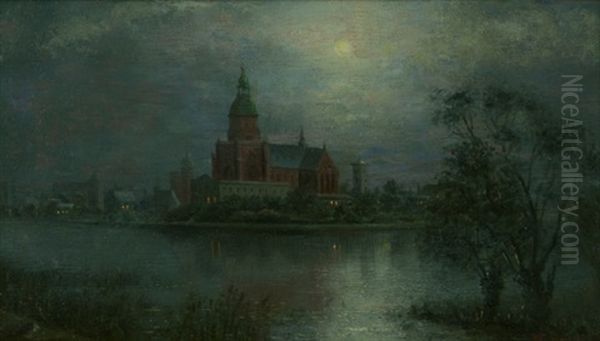 Blick Auf Stralsund Bei Mondschein Oil Painting by Johann Wilhelm Bruecke