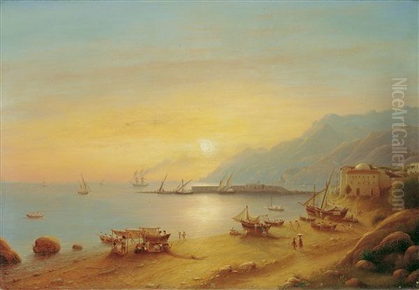 Suditalienische Kustenlandschaft (amalfi-kuste?) Oil Painting by Johann Wilhelm Bruecke