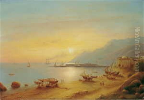 Suditalienische Kustenlandschaft (amalfi-kuste?) Oil Painting by Johann Wilhelm Bruecke