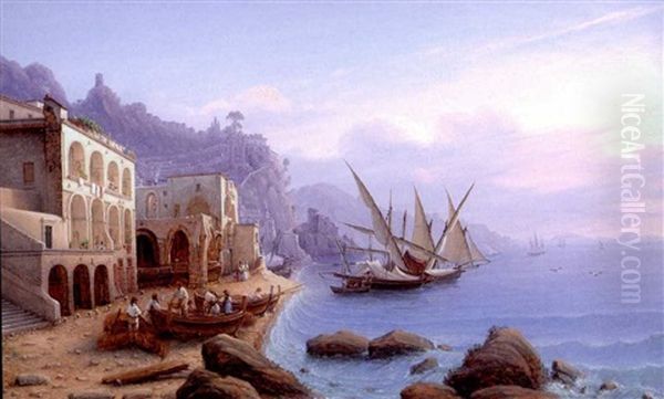 Hafen Von Amalfi Oil Painting by Johann Wilhelm Bruecke