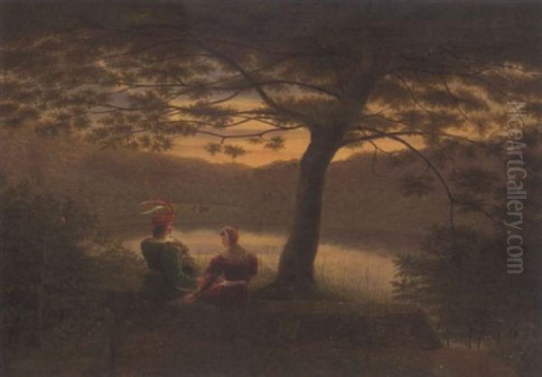 Landschaft Mit Waldsee Und Paar In Altdeutscher Tracht Oil Painting by Johann Wilhelm Bruecke