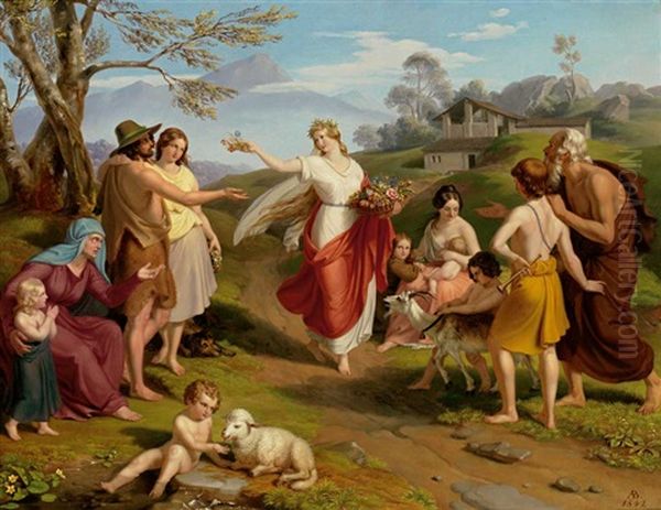 Flora Und Die Verschiedenen Lebensalter, Meisterlich Komponiert In Voralpenlandschaft An Einem Prachtigen Sonnentag Oil Painting by Alexander Bruckmann