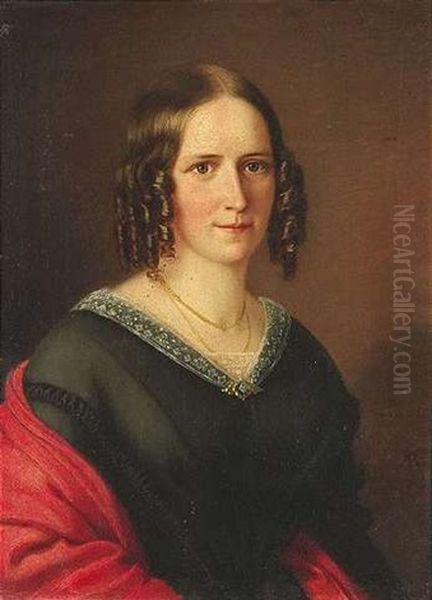 Bildnis Einer Dame Im Schwarzen Kleid Mit Rotem Cape (caroline Knapp?) Oil Painting by Alexander Bruckmann