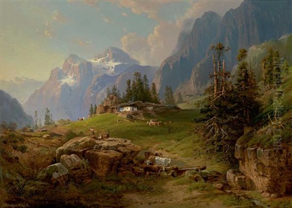 Hochalm In Der Zentralschweiz Mit Prachtvoller Bergkulisse Oil Painting by Heinrich Karl Brueckner