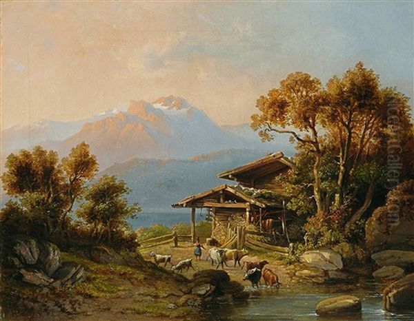 Alm Am Gebirgssee / Muhle Am Gebirgsbach (2 Works) Oil Painting by Heinrich Karl Brueckner