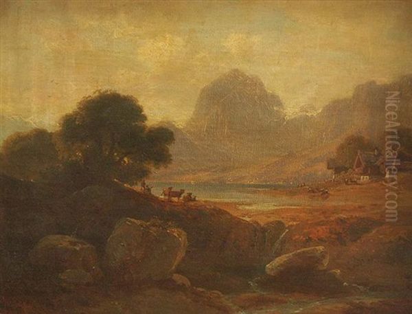 Bauernhof Am Hintersee Mit Reiteralpe Im Berchtesgadener Land Oil Painting by Max Brueckner