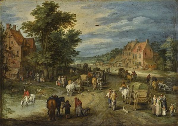 A Wide Village Street In Summer With Carts, Villagers And Gentlefolk Oil Painting by Jan Brueghel the Elder