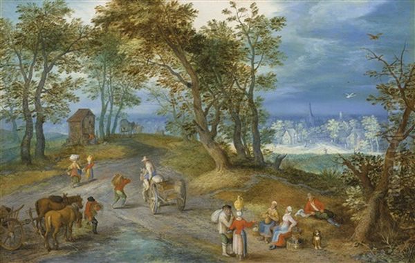 Landscape With Figures On A Road Through A Wood, With A Chapel Beyond Oil Painting by Jan Brueghel the Elder