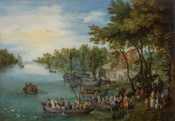 A Wooded River Landscape With A Landing Stage, Boats, Various Figures And A Village Beyond Oil Painting by Jan Brueghel the Elder