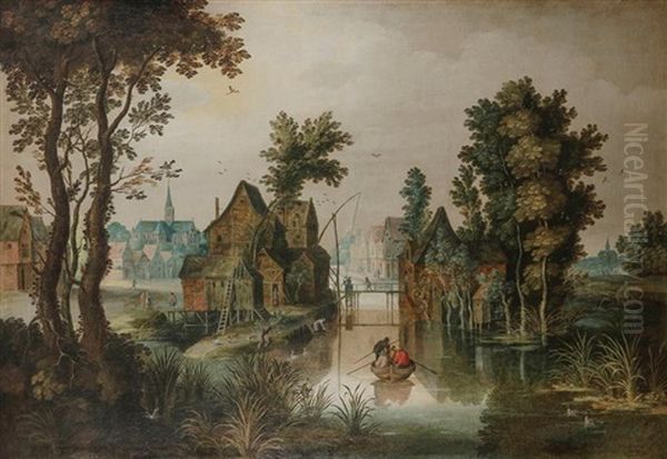 Village En Bordure De Riviere Anime De Personnages Oil Painting by Jan Brueghel the Elder