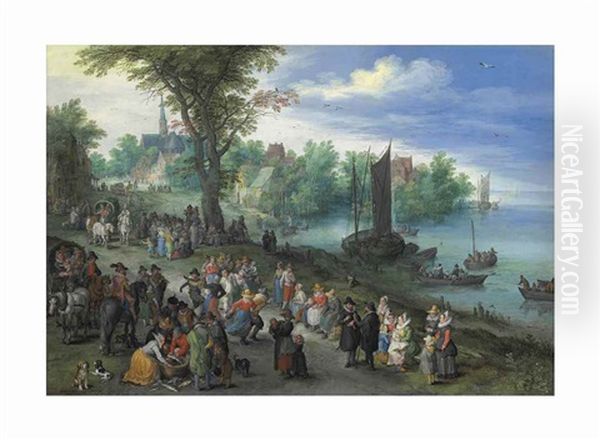 Figures Dancing On The Bank Of A River With A Fish-seller, With A Portrait Of The Artist In The Foreground Oil Painting by Jan Brueghel the Elder