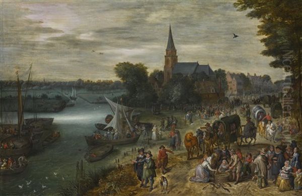 A Busy Townscape With Numerous Figures Arriving By Ferryboat And Fishermen Selling Their Catch On The Riverbank Oil Painting by Jan Brueghel the Elder