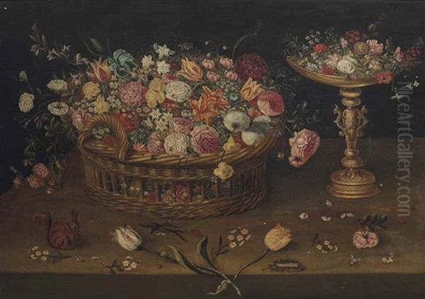 A Wicker Basket With Roses, Narcissi, Tulips, Primroses, Orchids And Other Flowers, A Gilt Tazza With Flowers, On A Wooden Ledge With A Squirrel Oil Painting by Jan Brueghel the Elder