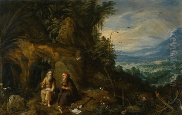 Two Saints Seated Outside A Cave, A Distant Landscape Beyond by Jan Brueghel the Elder