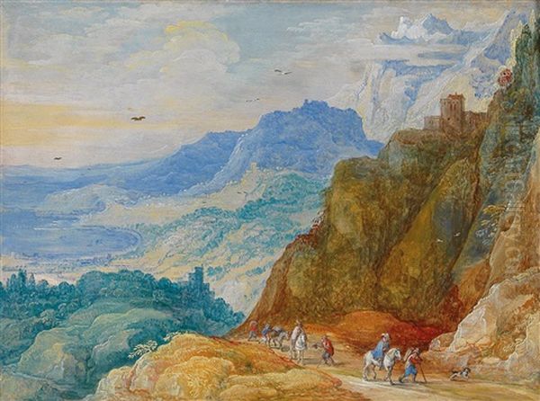 A Mountainous Landscape With Travellers On A Path by Jan Brueghel the Elder