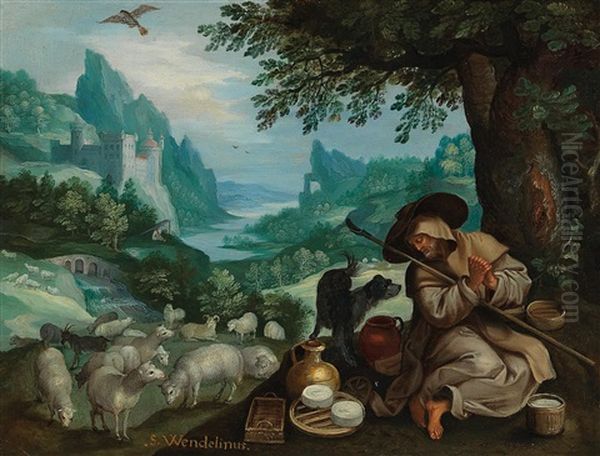 A Rocky River Landscape With The Hermit Wendelin Of Trier Oil Painting by Jan Brueghel the Elder