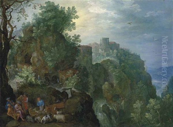 A Mountainous Landscape With Herdsmen Resting By A Path, A View Of Tivoli, With The Temple Of Vesta And The Cascatelle Beyond Oil Painting by Jan Brueghel the Elder