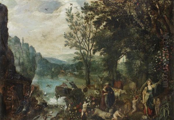 Allegory Of The Four Elements In A Hollow-carved 18th Century English Frame Oil Painting by Jan Brueghel the Elder