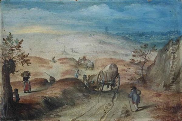 An Extensive, Hilly Landscape With Carriages And Peasants On A Sandy Path Oil Painting by Jan Brueghel the Elder