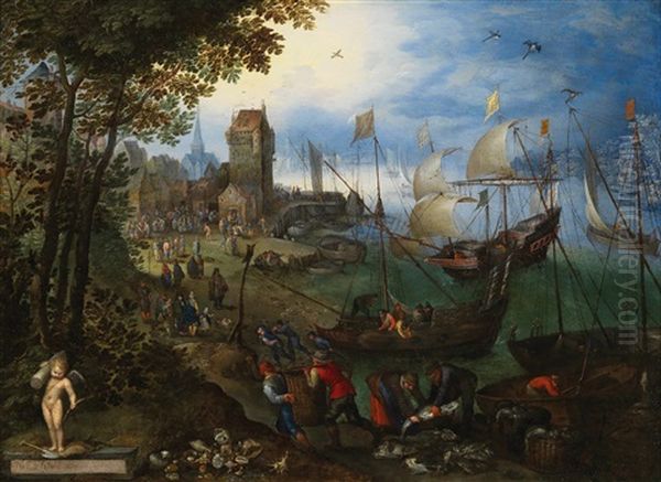 A Crowded Harbour Scene On The Scheldt Near Antwerp Oil Painting by Jan Brueghel the Elder