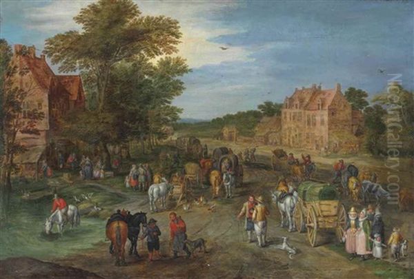 A Village With Travelers And Covered Wagons On A Country Road by Jan Brueghel the Elder