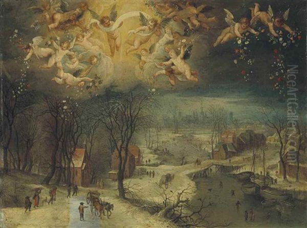 A Winter Landscape With Villagers Gathering Wood And Skaters On A Frozen River, Putti Scattering Flowers Above Oil Painting by Jan Brueghel the Elder