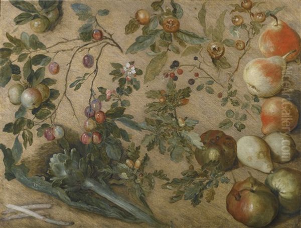 Studies Of Apples, Pears, Grapes, Blackberries, An Artichoke, Spears Of Asparagus And A Sprig Of Oak Oil Painting by Jan Brueghel the Elder