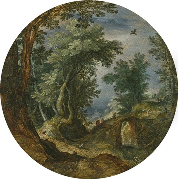 A Wooded Landscape With Figures Crossing A Bridge Oil Painting by Jan Brueghel the Elder