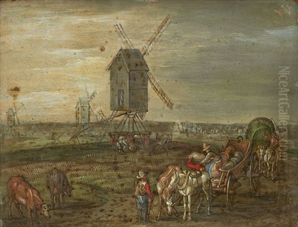 Vaderkvarnar I Hollandskt Landskap Oil Painting by Jan Brueghel the Elder