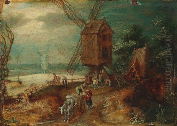 A Landscape With Windmills And Peasants On Their Way To Market Oil Painting by Jan Brueghel the Elder