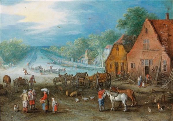 Canal Landscape With Two Workshops At The Banks Oil Painting by Jan Brueghel the Elder