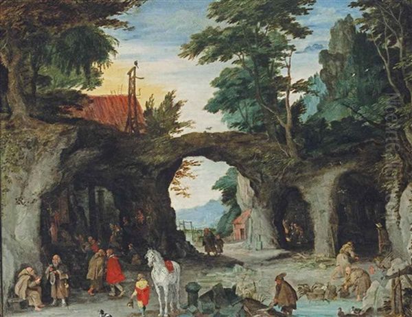 A Mountainous Landscape With Pilgrims Visiting A Shrine At A Hermitage Oil Painting by Jan Brueghel the Elder