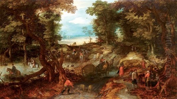 Chemin Forestier Avec Voyageurs, Carriole, Villageois Et Cavaliers Franchissant Un Petit Cours D'eau Oil Painting by Jan Brueghel the Elder