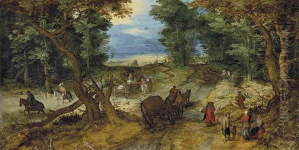 A Wooded Landscape With Travelers On A Path Oil Painting by Jan Brueghel the Elder