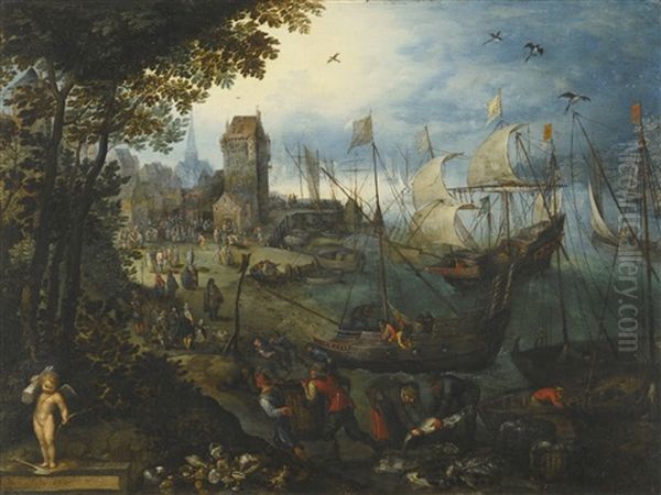 River Landscape With Numerous Ships Bringing Their Catch Into A Town Oil Painting by Jan Brueghel the Elder