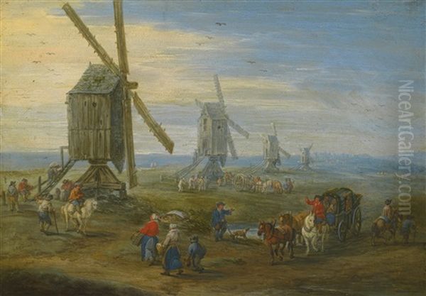 Landscape With A Row Of Working Windmills, Figures On Foot, On Horseback And In Carts, A Town In The Distance Oil Painting by Jan Brueghel the Elder