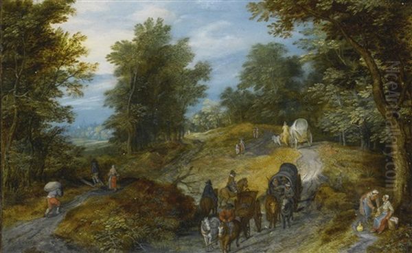 Woodland Road With Wagon And Travelers Oil Painting by Jan Brueghel the Elder