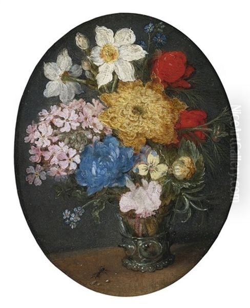 Narcissi, Chrysanthemums, Roses, Forget-me-nots, A Sprig Of Rosemary And Other Flowers In A Roemer With An Ant On A Table Oil Painting by Jan Brueghel the Elder