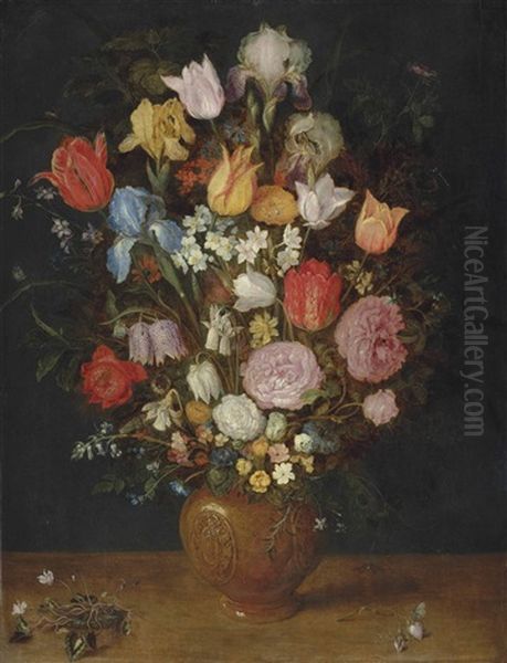 Irises, Roses, Tulips, Narcissae, Cardamine, Cyclamen, Hyacinths, Calendula, Eranthis And Other Flowers In A Vase On A Ledge Oil Painting by Jan Brueghel the Elder